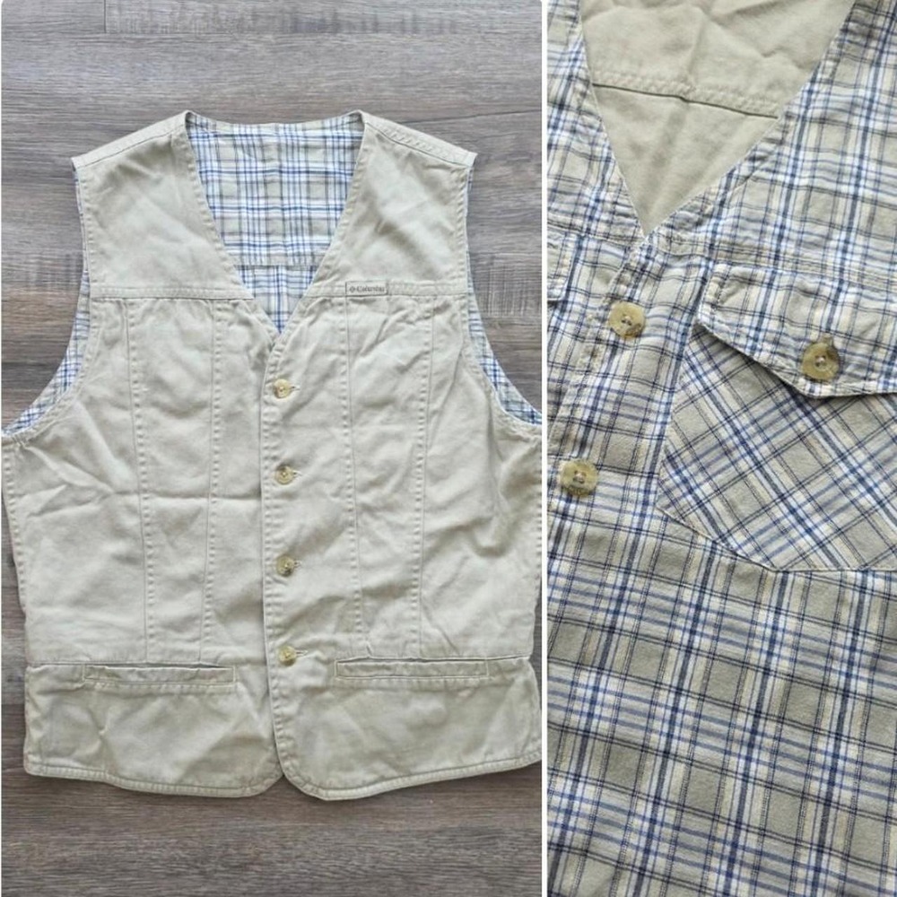 Vintage 90s Columbia Reversible Canvas Utility Vest Khaki Plaid Small